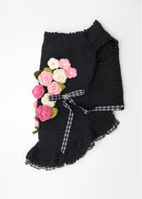 BLACK RUFFLED DRESS WITH FLORETS AND PEARLS