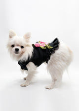 BLACK RUFFLED DRESS WITH FLORETS AND PEARLS