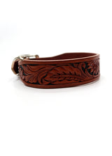 BURGUNDY AND BLACK HAND TOOLED LEATHER COLLAR