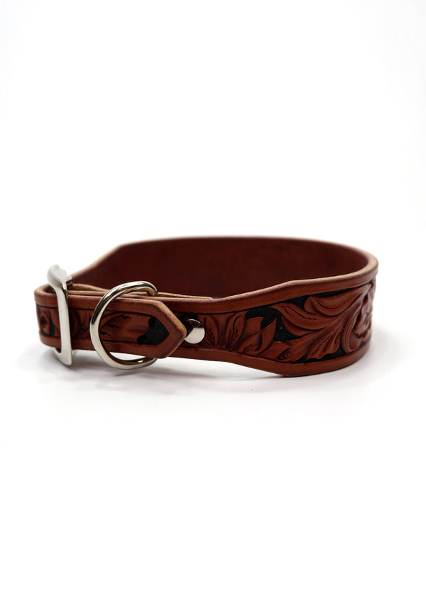 BURGUNDY AND BLACK HAND TOOLED LEATHER COLLAR